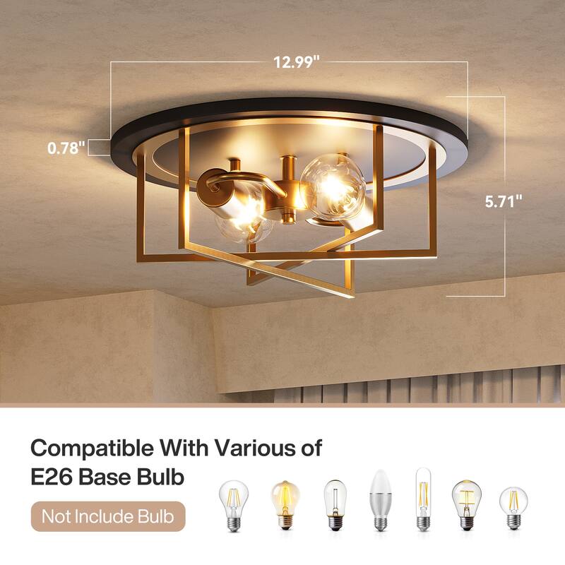 2-Light Ceiling Mount for Farmhouse with Gold Lines Design, Industrial Kitchen Ceiling Light