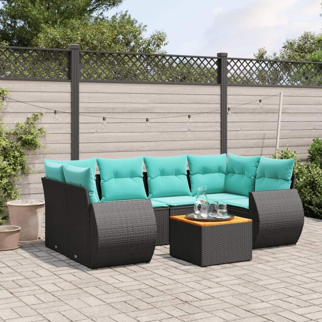 vidaXL 7 Piece Patio Sofa Set with Cushions Black Poly Rattan - 24.4" x 24.4" x 27.2"