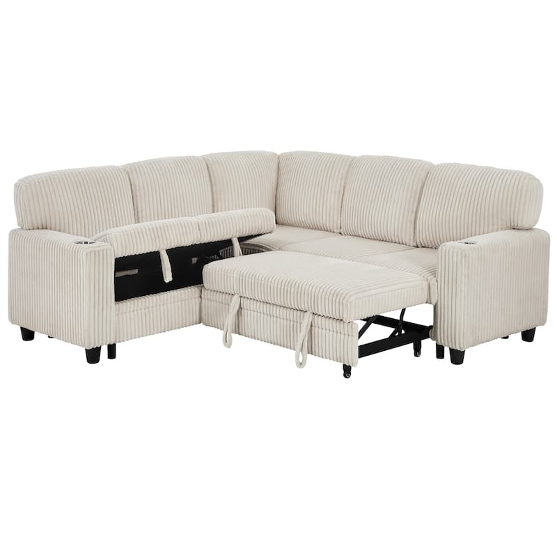 L-Shaped 5-Seat Sofa Bed, Convertible with USB, Beige Corduroy, Storage