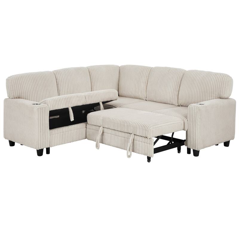 Oversized Corduroy Sectional Sleeper Sofa with Pull-Out Bed, L-Shaped 5-Seater Upholstered Couch Bed with USB Charging Ports