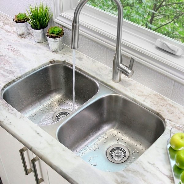 32"L x 19"W Double Basin Undermount Kitchen Sink with Strainers. Opens flyout.