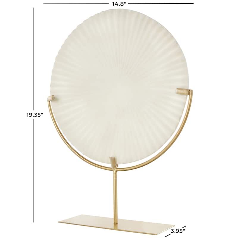 Polystone Geometric Textured Circle Disk Sculpture with Gold Stand - Cream - Roche River Decor