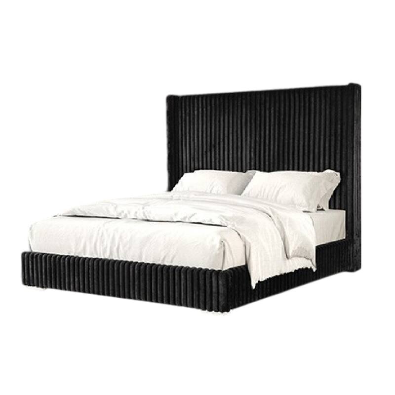 Wolo Twin Bed, Black Fur Chenille Ribbed Upholstery, Wing Headboard