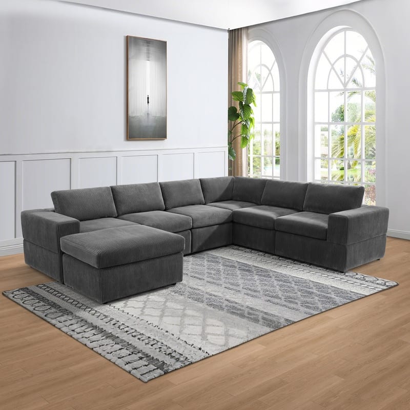 Corduroy Modular Sectional Sofa with Ottoman, Deep Seat L-Shaped Couch for Living Room, Dark Gray