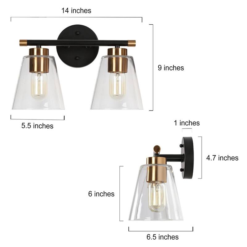 Fnly Modern Contemporary 2-light Black Gold Bathroom Vanity Light LED Dimmable Sconce with Clear Glass