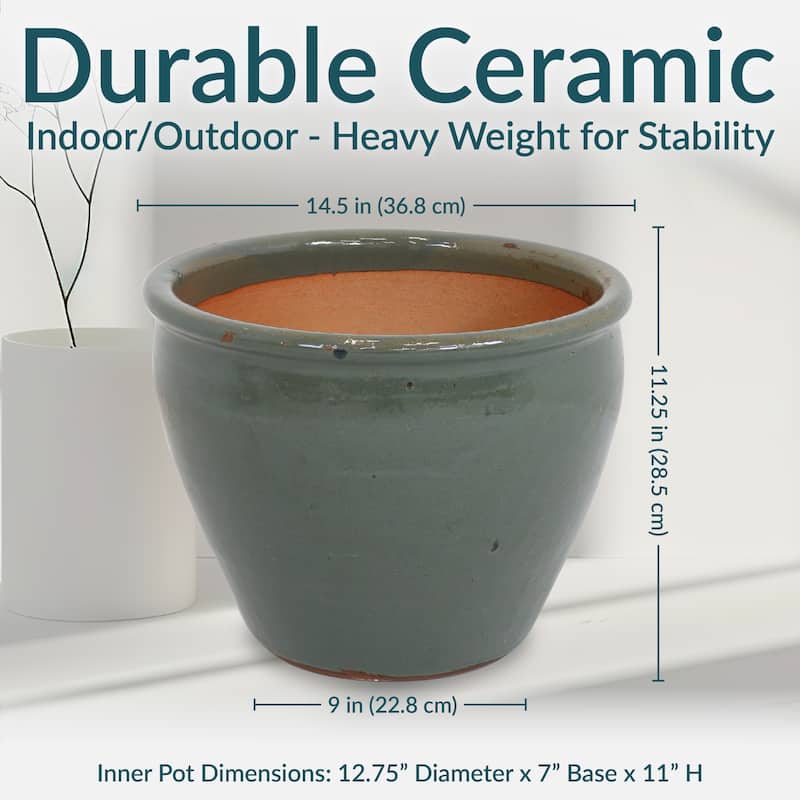 Sunnydaze Chalet High-Fired Glazed Ceramic Planter - 15-Inch - Resistant - Gray