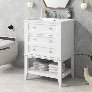 24 Inch MDF Freestanding Bathroom Vanity Set in White Drop-in Ceramic ...