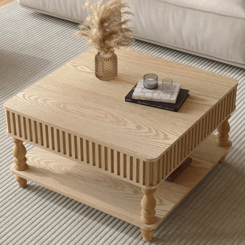 Fluted 31.5" Square Lift-Top Coffee Table with Hydraulic Mechanism for Hidden and Open Storage Solutions