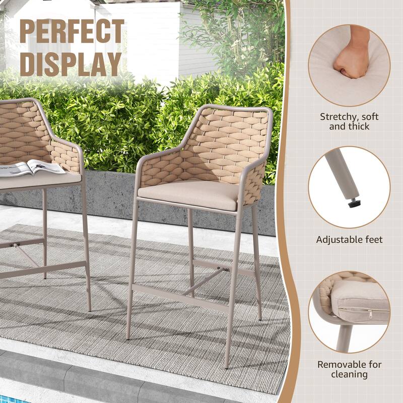 Outdoor Metal High Arm Barstool Chair with Cushions (set of 2)