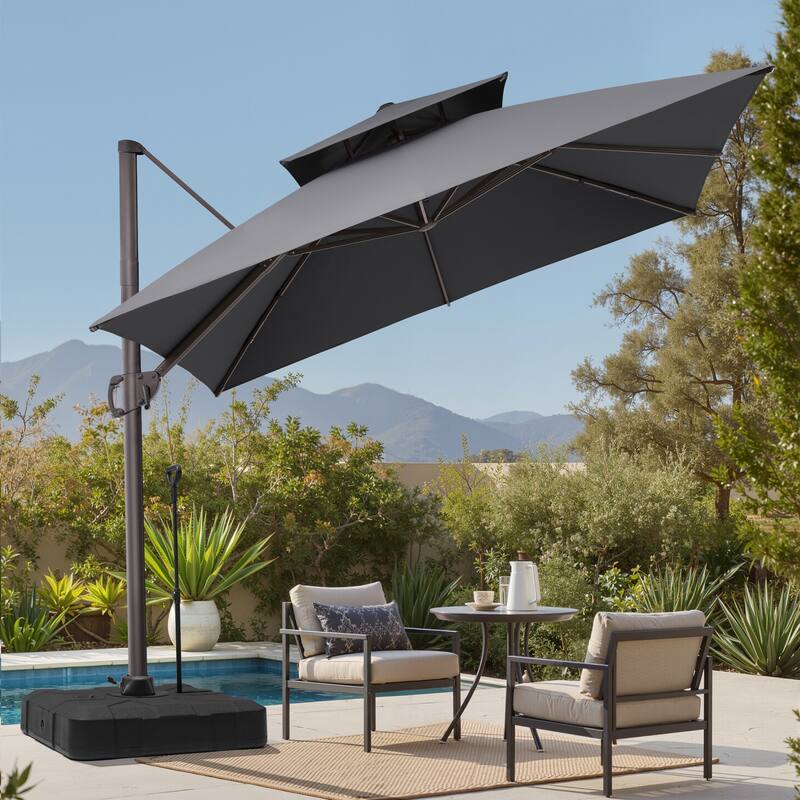 Outdoor 10 x 10ft Square Double Top Patio Cantilever Umbrella with Base - Dark Grey
