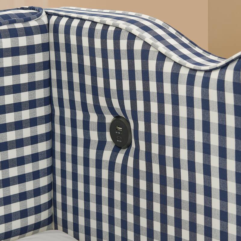 Linen Fabric Gingham Daybed with Trundle, Twin Size Sofa Bed with USB Port and Adorable Wave Shaped Headboard