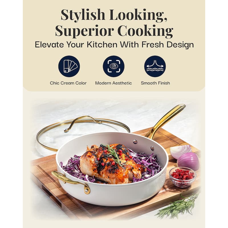 Gotham Steel Cream Ultra Nonstick Ceramic 5.5 Qt Jumbo Cooker Pan with Lid and Gold Handles
