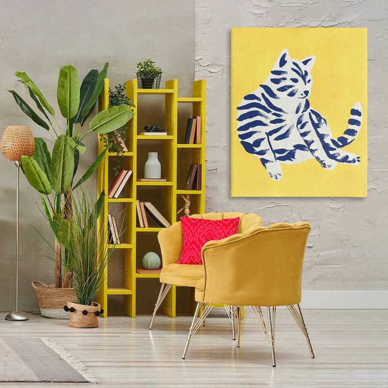 Stupell Unique Bright Cat on Yellow Canvas Wall Art Design By June Erica Vess