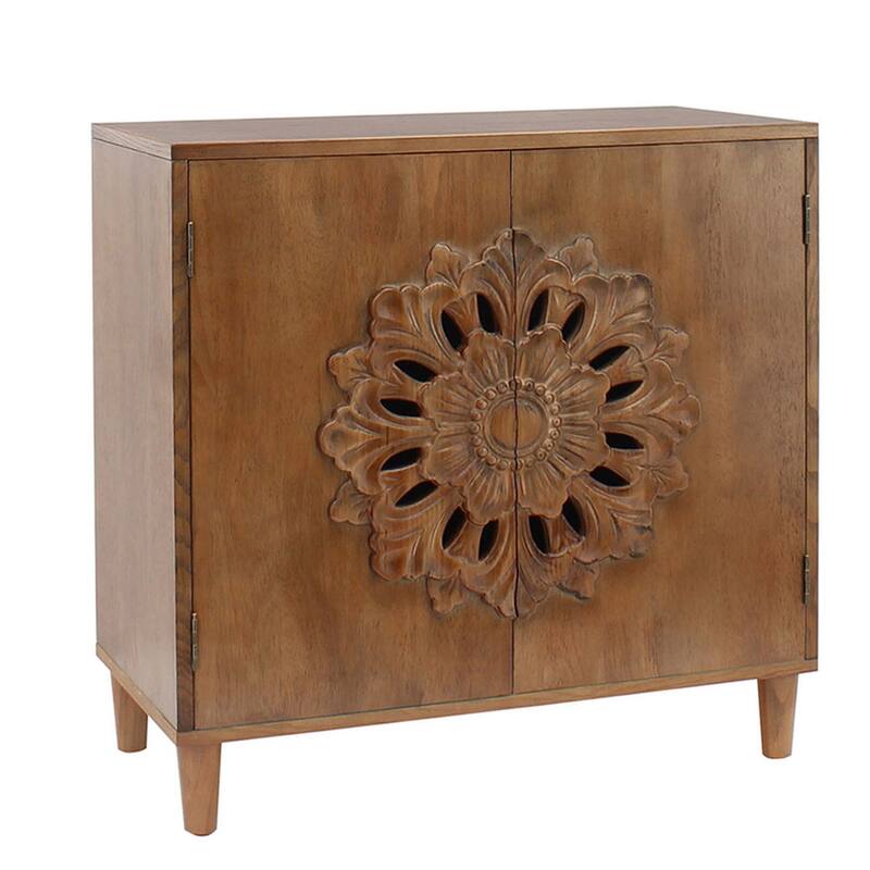 Roomfitters Rustic Hand-Carved 2-Door Cabinet, Floral Boho Accent Sideboard, Dark Brown