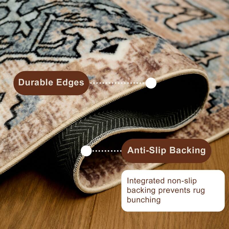 ECARPETGALLERY Esmira Traditional Machine Washable Blue & Beige Area Rug