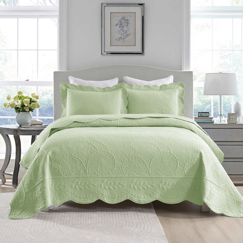 MarCielo 3-Piece Elegantly Embroidered 100% Cotton Oversized Quilt Bedspread Set TX - King - Active Green