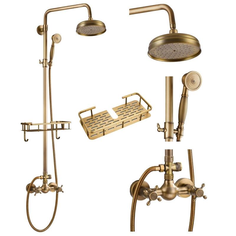 Bathroom Shower Faucet with Shower Shelf Antique Brass 8 inch Rainfall Shower Head Wall Mounted