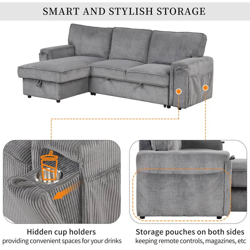 96.1" Polyester Sleeper Sectional Sofa with Storage Bags, Cup Holders and Fold-Out Twin Bed