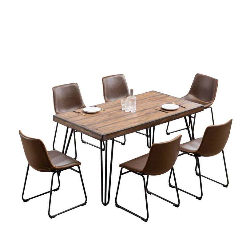 Industrial Style 7-Piece Dining Set with Rectangular Table and 6 Faux Leather Upholstered Dining Chairs