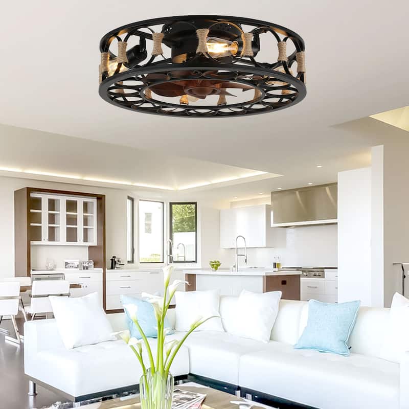 20" Modern Black Low Profile Ceiling Fan with Dimmable LED Lights and Remote,6-Speed Reversible Fan - 19.7inch