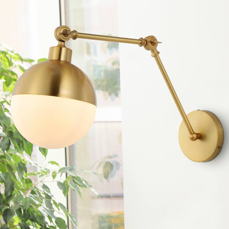 Austin 8" 1-Light Mid-Century Modern Arm-Adjustable Iron/Glass LED Sconce, Brass Gold/Frosted by JONATHAN Y - Brass Gold
