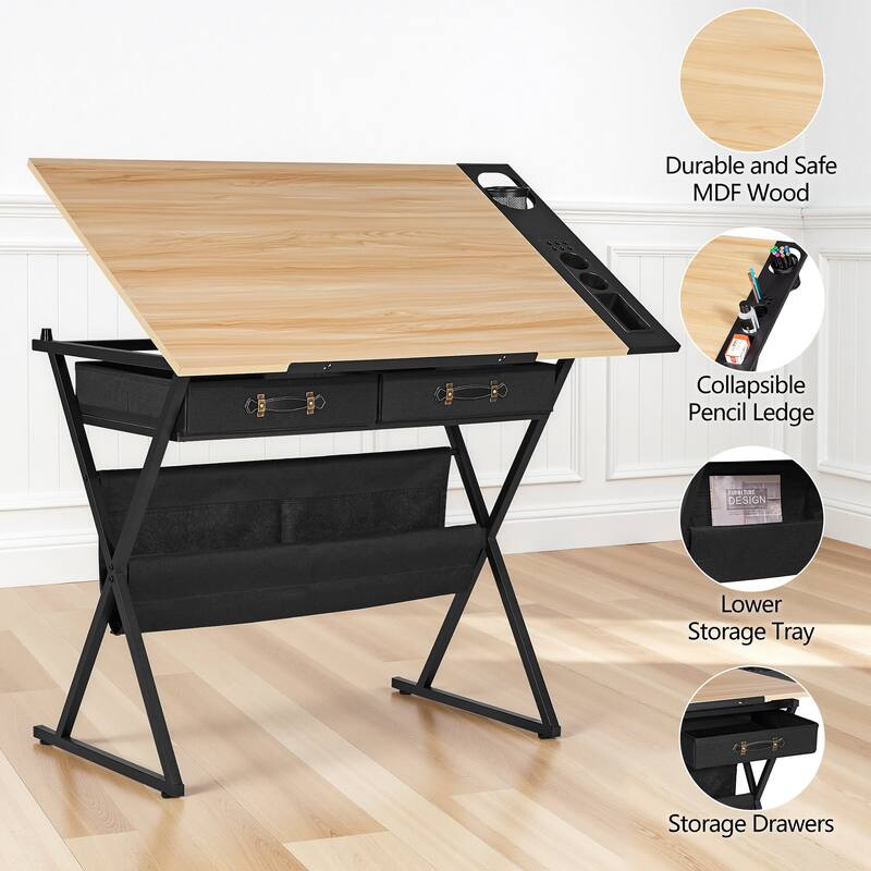 VECELO Drafting Table Set with Stool Set of 2 Tilting Art Desk with Pencil Ledge Storage Drawers with X-Frame for Home Studio