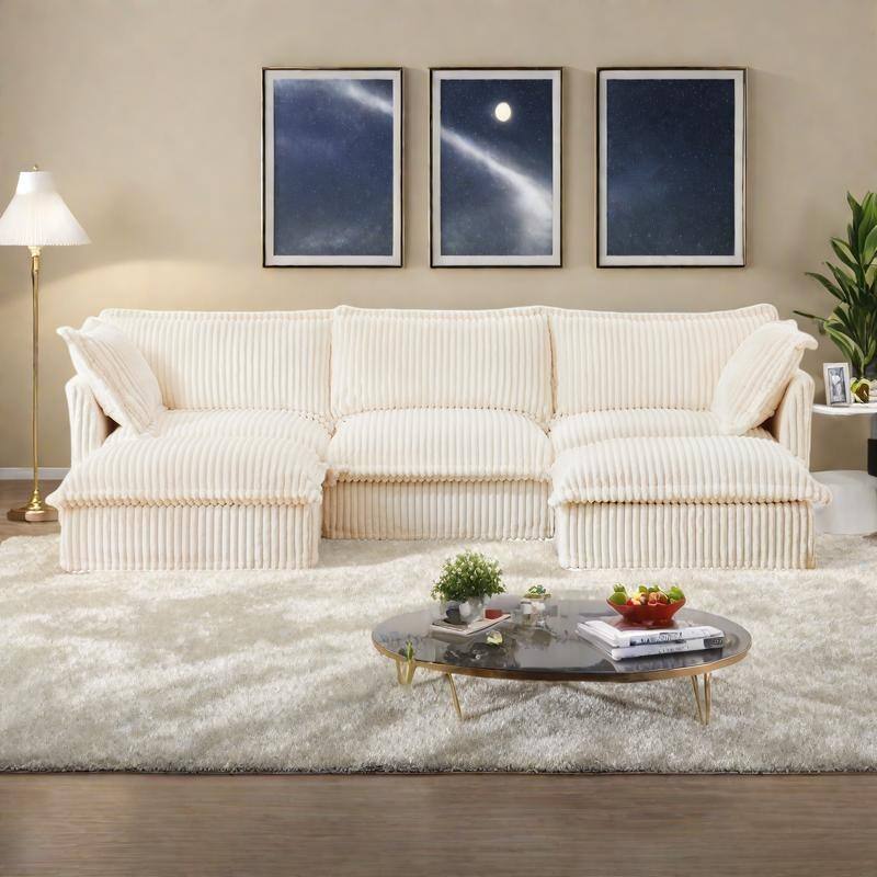 120" Corduroy U-Shape 3-Seater Sectional Sofa with Removable Slipcover, French Edge Design and Cloud-Like Cushions - Cream