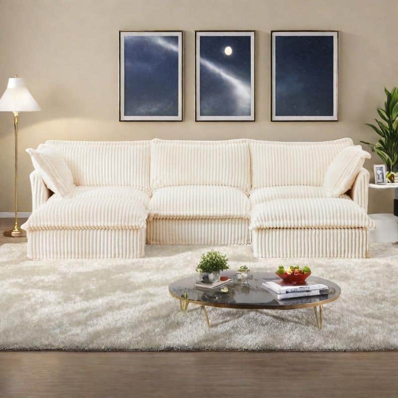 120" Corduroy U-Shape 3-Seater Sectional Sofa with Removable Slipcover, French Edge Design and Cloud-Like Cushions