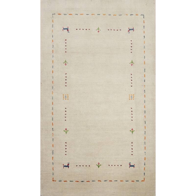 Hand Knotted Oriental 100% Wool Carpet Tribal Animal Pictorial Beige & Ivories Gabbeh Area Rug - 4' 9'' X 3' 0''