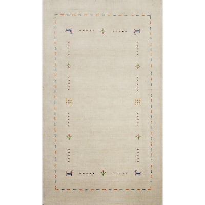 Hand Knotted Oriental 100% Wool Carpet Tribal Animal Pictorial Beige & Ivories Gabbeh Area Rug - 4' 9'' X 3' 0''