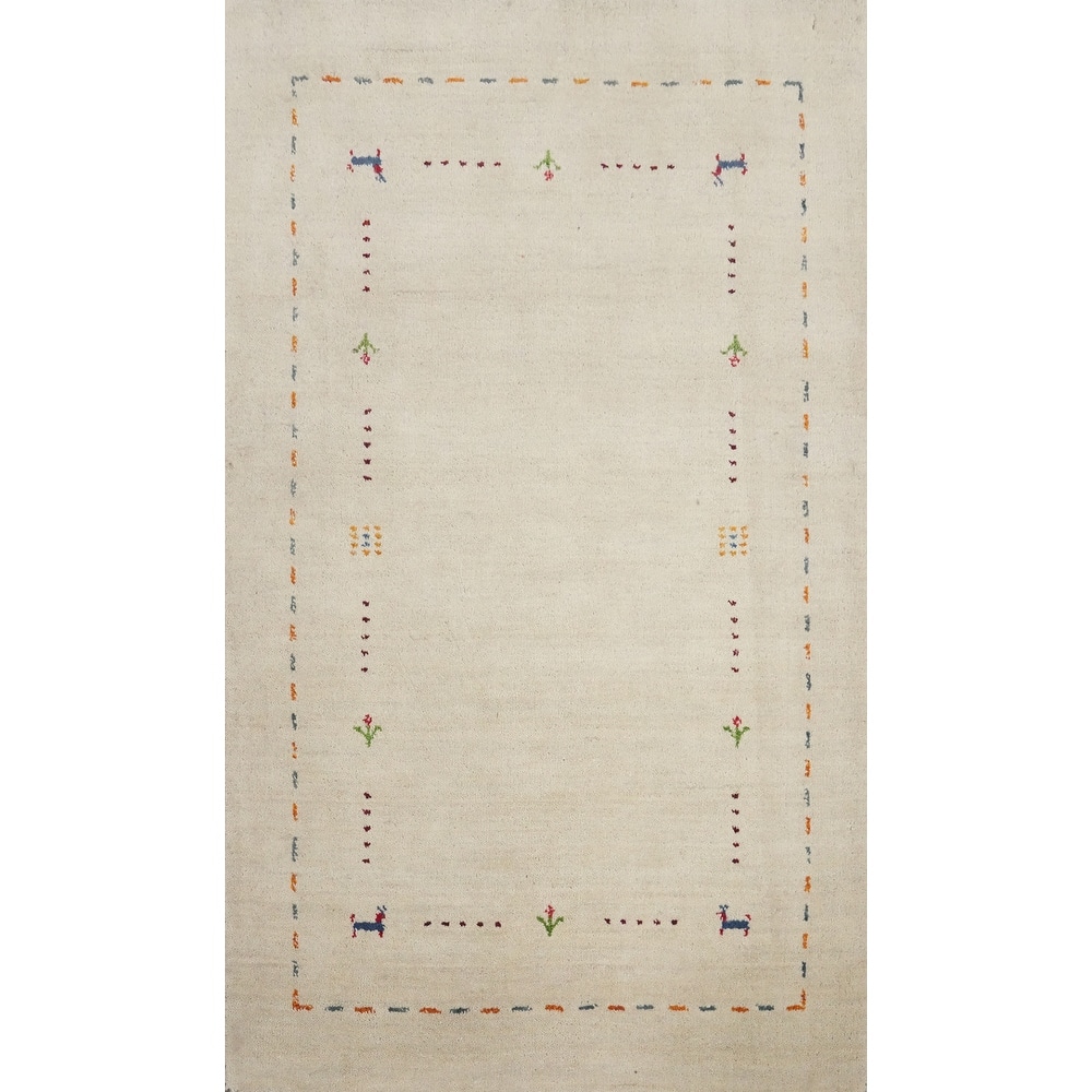 Hand Knotted Oriental 100% Wool Carpet Tribal Animal Pictorial Beige & Ivories Gabbeh Area Rug - 4' 9'' X 3' 0''