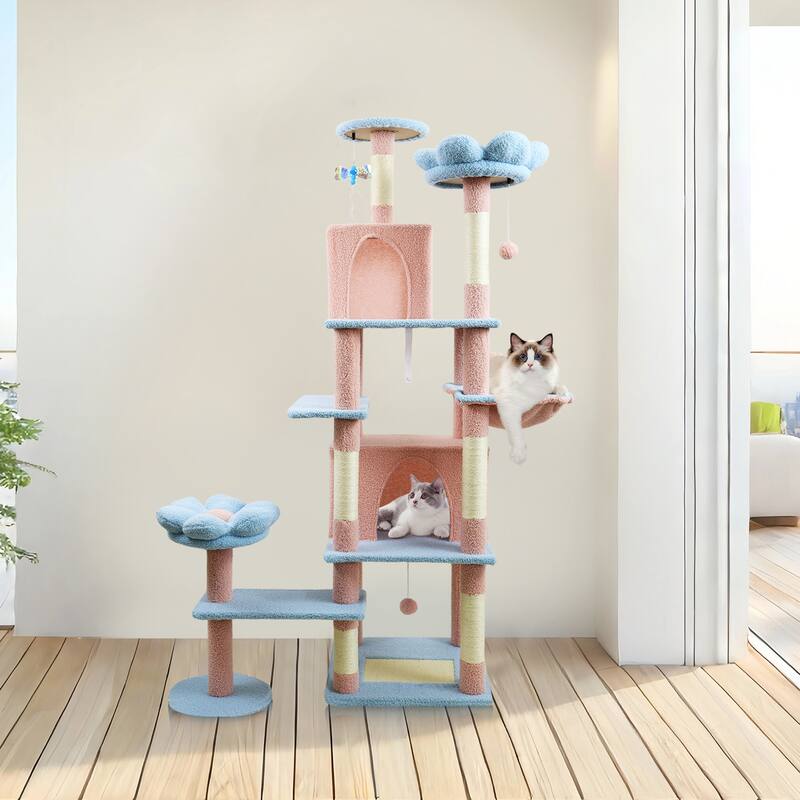 71 inch flower cat tree with large condo removable flower cushion and hammock blue