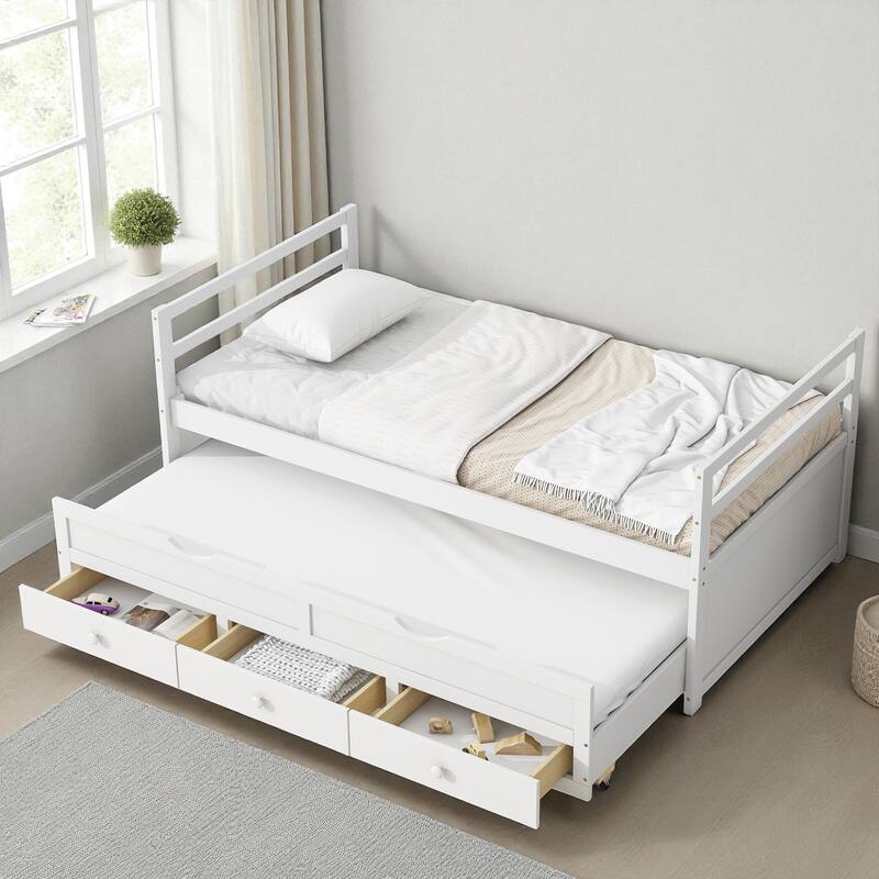 Twin Size Bed with Headboard, Footboard, Trundle, and Three Storage Drawers, Solid Pine Wood Twin Bed Frame with Storage