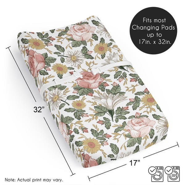 Sweet Jojo Designs Blush Pink Yellow Vintage Floral Boho Girl Changing Pad Cover Sheet White Bohemian Shabby Chic Farmhouse Rose