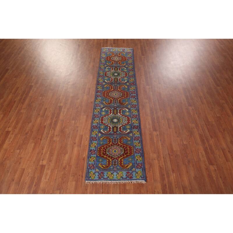 Geometric Blue Kazak Oriental Runner Rug Handmade Wool Carpet - 2'5"x 9'10"