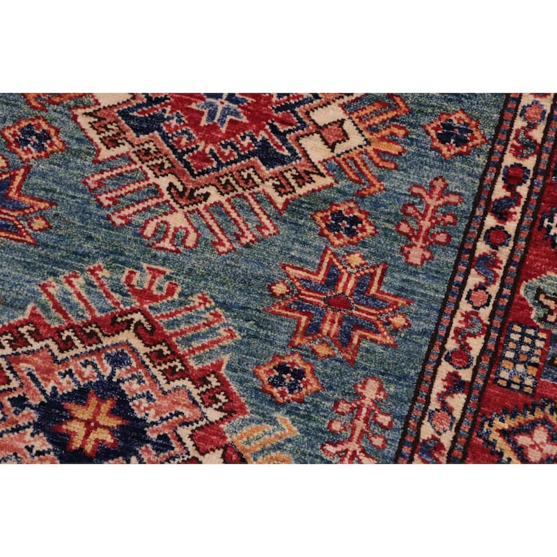 Tribal Super Kazak Sage Green/Red Hand Knotted Wool Rug - 3'0'' x 4'0''