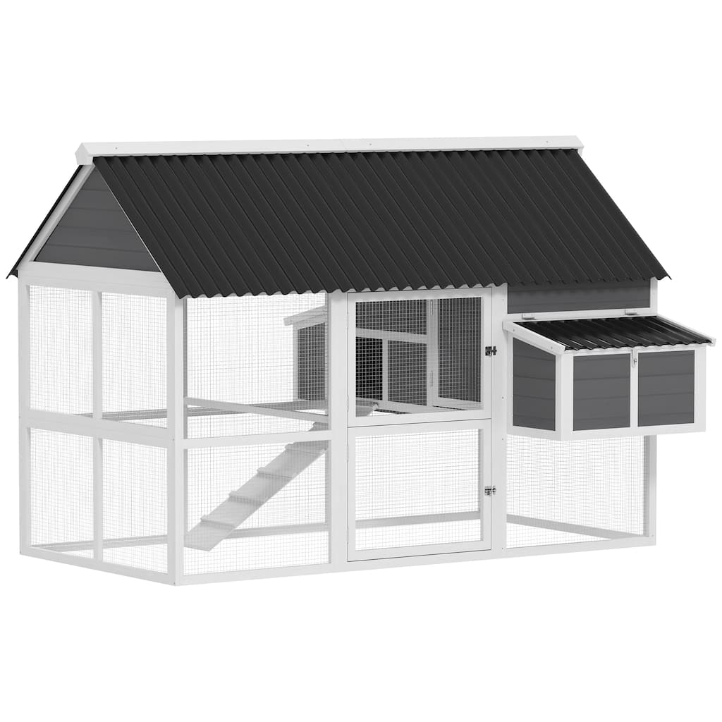 PawHut Chicken Coop with Run, Large Wooden Chicken House with 2 Nesting Boxes, 2 Roosting Bars, Ramp & Tray