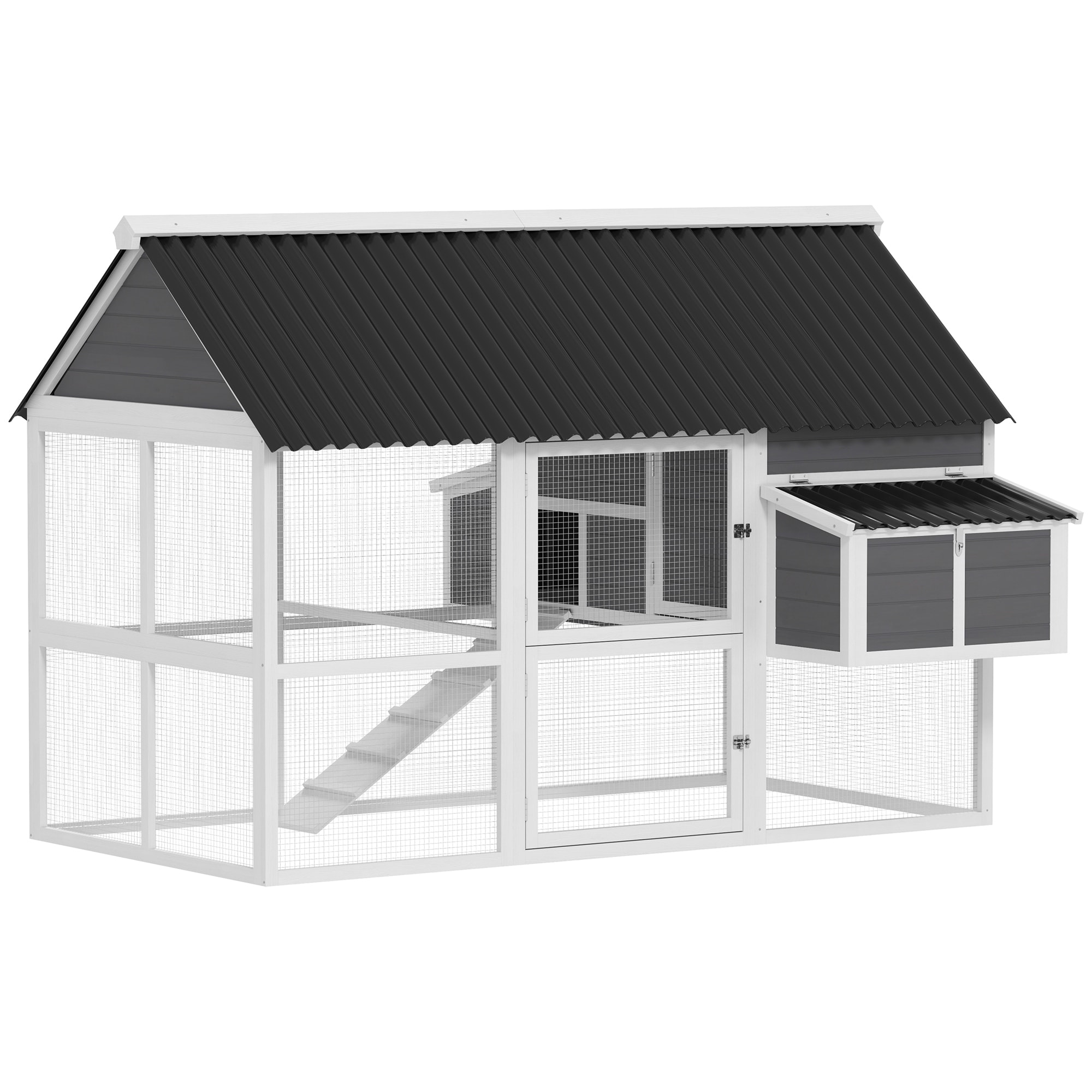 PawHut Chicken Coop with Run, Large Wooden Chicken House with 2 Nesting Boxes, 2 Roosting Bars, Ramp & Tray