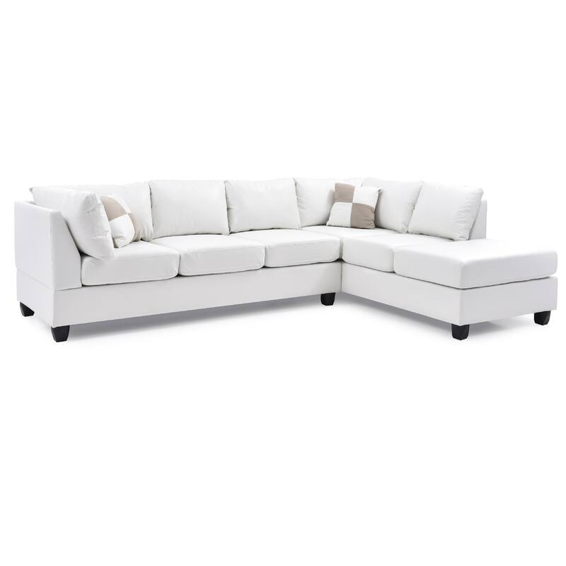 Reversible Faux Leather 4-Seater Sectional Sofa with Throw Pillows - 111" - White