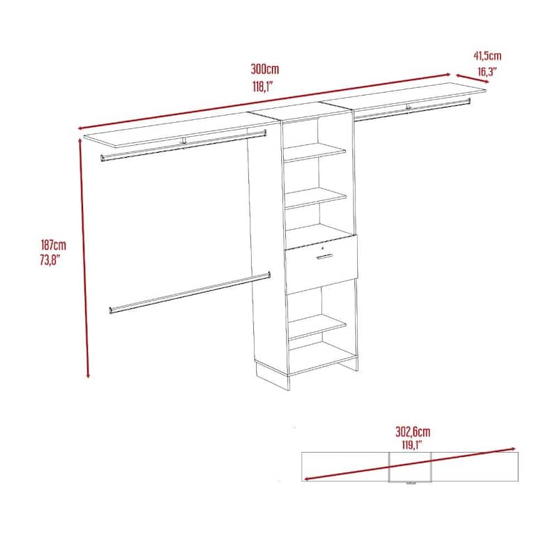 TUHOME Plego 70"W - 118"W Closet System with One Drawer, Black