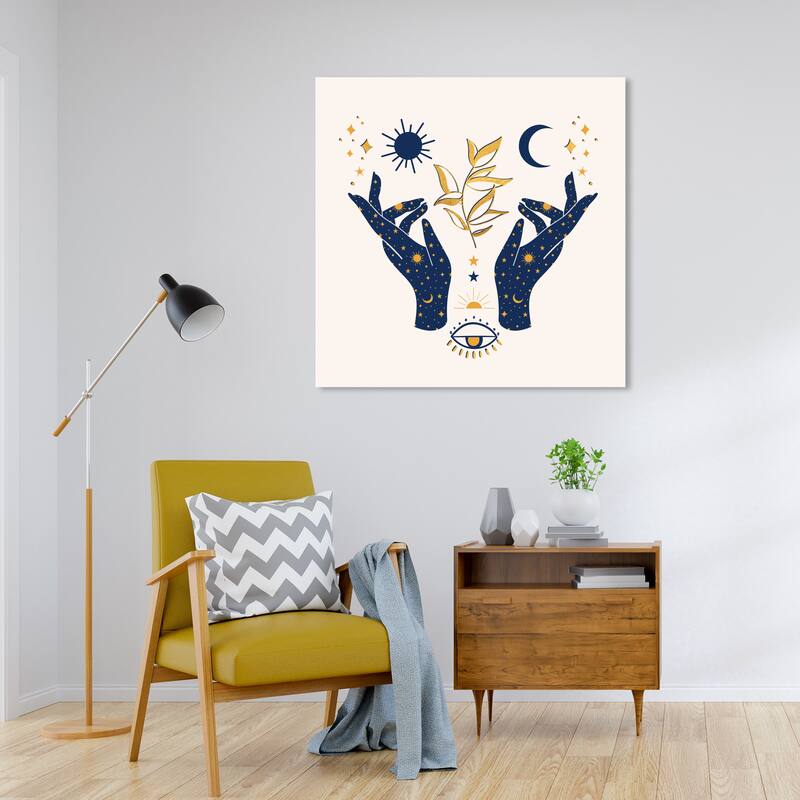 Wynwood Studio Canvas Floral and Botanical Fate Hands Gold and Dark Blue Modern & Contemporary Wall Art Canvas Print - 30 x 30