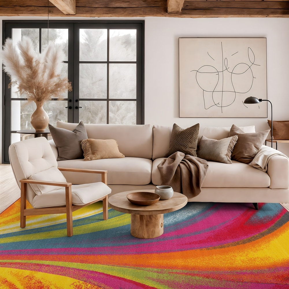 World Rug Gallery Modern Contemporary Waves Multicolored Non-slip Non-skid Area Rug