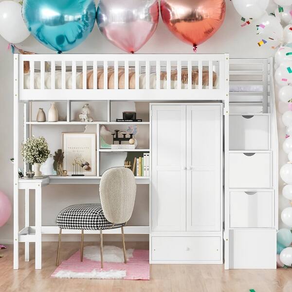 slide 2 of 18, Modern Twin Size Loft Bed With Bookshelf,Drawers,Desk And Wardrobe,Solid Construction White