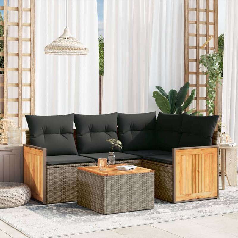 vidaXL Patio Sofa Set with Cushions Outdoor Conversation Furniture Poly Rattan - 24.4 x 24.4 x 27.2 - Grey-With table