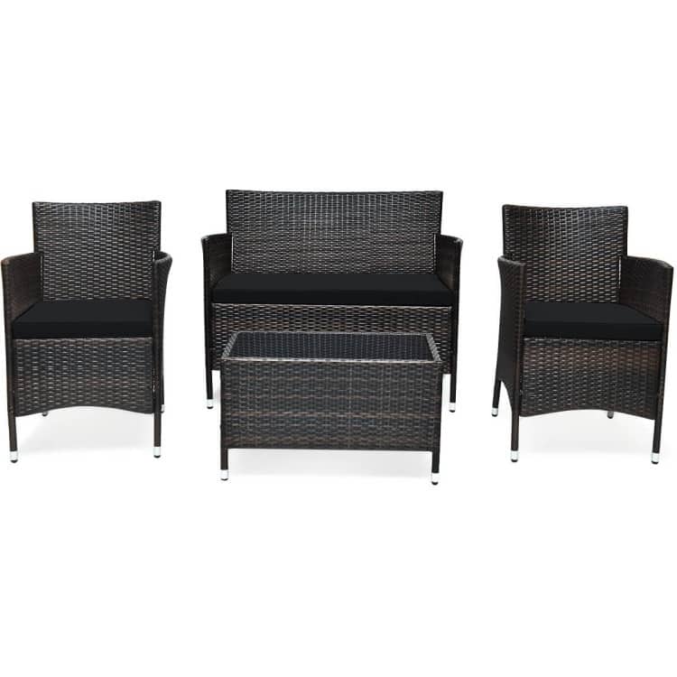 Rattan Patio Conversation Furniture Set with Glass Table and Comfortable Sofa - 4 Pcs