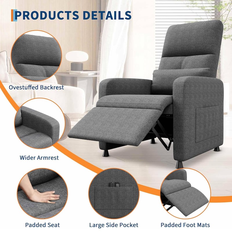 Adjustable Electric Linen Power Recliner Chair, Single Sofa with 2 Side Pockets and USB Port