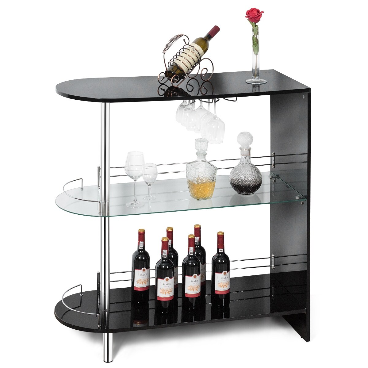 Modern Home Bar Storage Table Glass Wine Liquor Shelf Rack Glossy Server Cabinet 