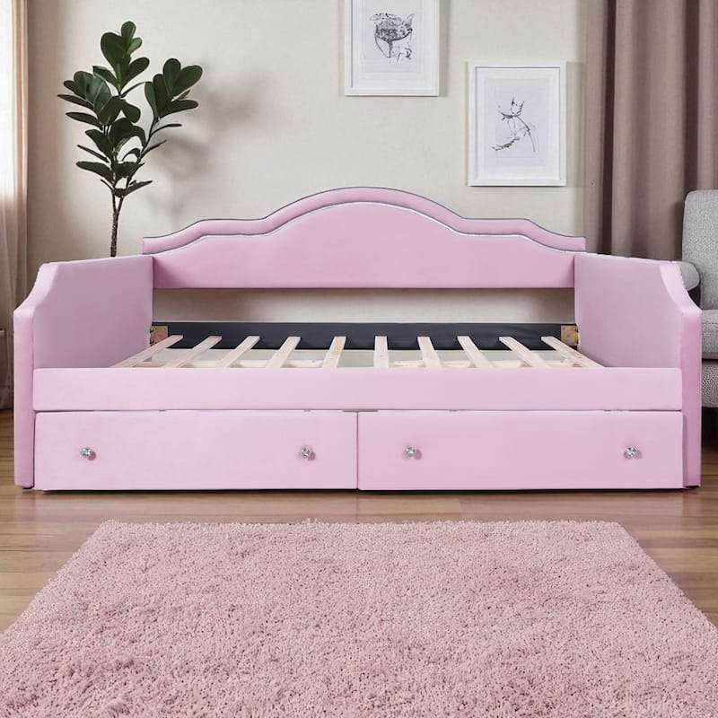Twin/Full Size Upholstered Daybed with LED Lights, 2 Storage Drawers, Velvet Frame, No Box Spring Required