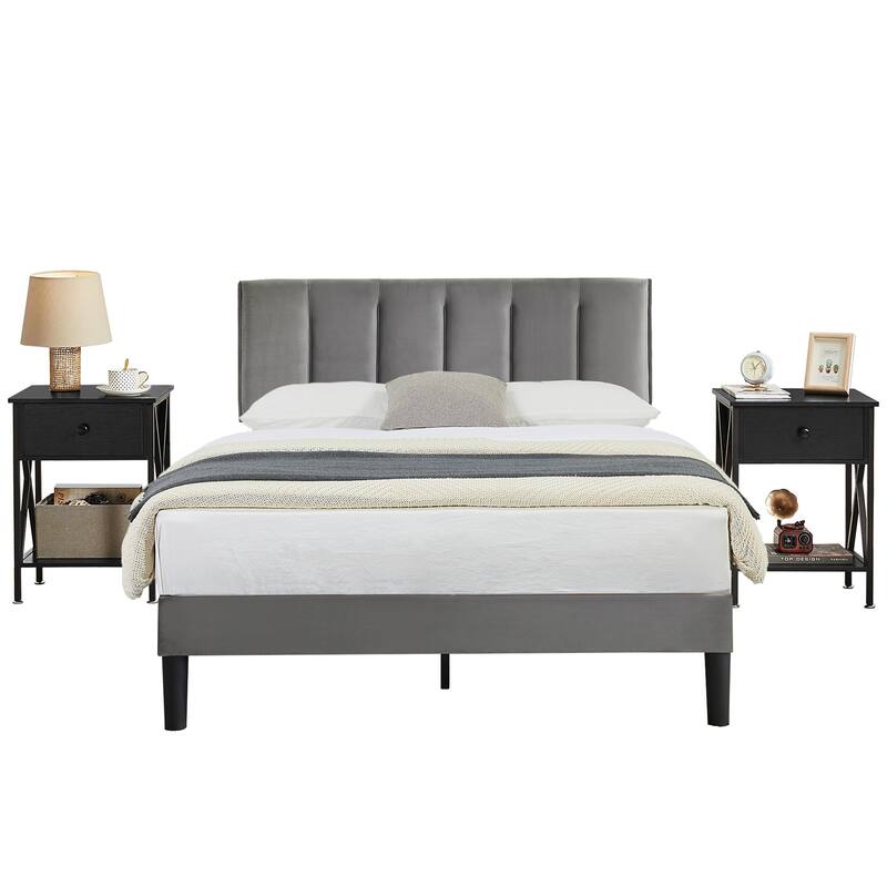 VECELO 3-Pieces Bedroom Sets Upholstered Bed Frame and Nightstands Set of 2 Dark Grey Platform Bed Frame