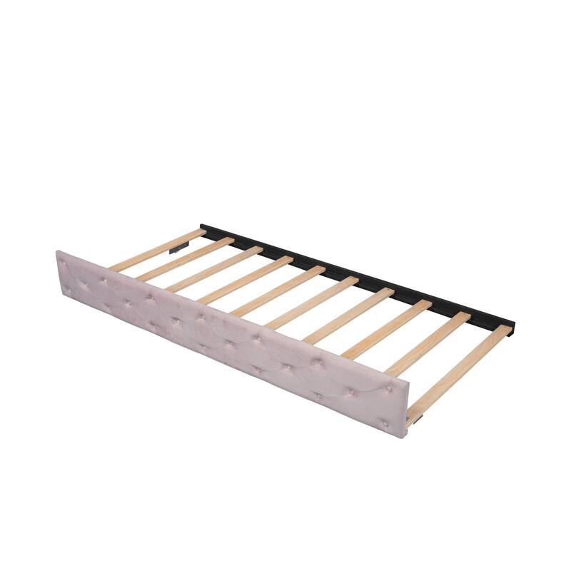Upholstered Velvet Bed Frame, Twin Size Tufted Daybed with Side Storage Bag, Pull-out Trundle and Button Backrest Headboard